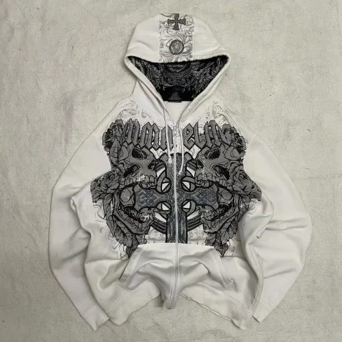 American Y2K New Hip Hop Trend Zipper Hoodie Women Street Casual Loose Joker Vintage Sweatshirt Unisex Fleece Padded Warm Hoodie