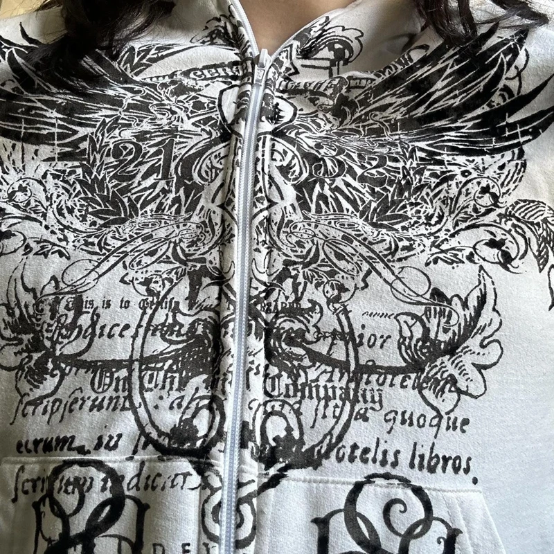 Imcute Wing Print Mall Goth Vintage Hoodies Y2K Grunge Graphic Long Sleeve Hooded Sweatshirt Harajuku Japanese Aesthetic Women - Image 5