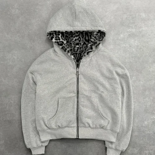 Unisex hoodie hooded sweatshirt with leopard print lining pocket, loose cardigan, zipper sweatshirt, streetwear style