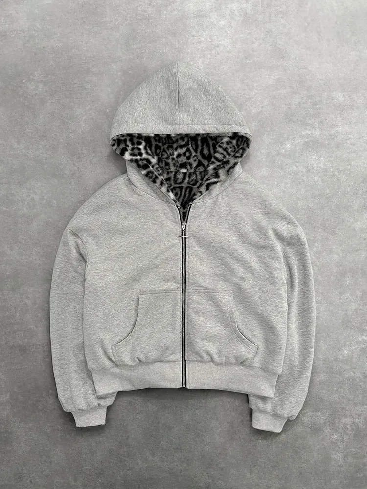 Unisex hoodie hooded sweatshirt with leopard print lining pocket, loose cardigan, zipper sweatshirt, streetwear style