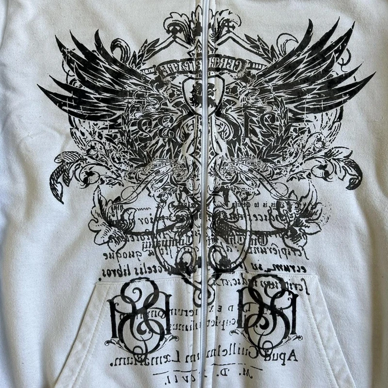 Imcute Wing Print Mall Goth Vintage Hoodies Y2K Grunge Graphic Long Sleeve Hooded Sweatshirt Harajuku Japanese Aesthetic Women - Image 3